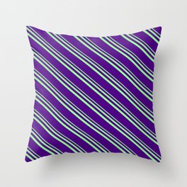 [ Thumbnail: Green and Indigo Colored Lined/Striped Pattern Throw Pillow ]