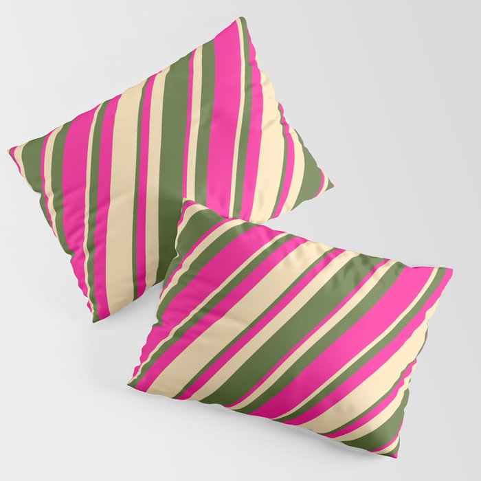 Dark Olive Green, Deep Pink, and Beige Colored Stripes/Lines Pattern Pillow Sham