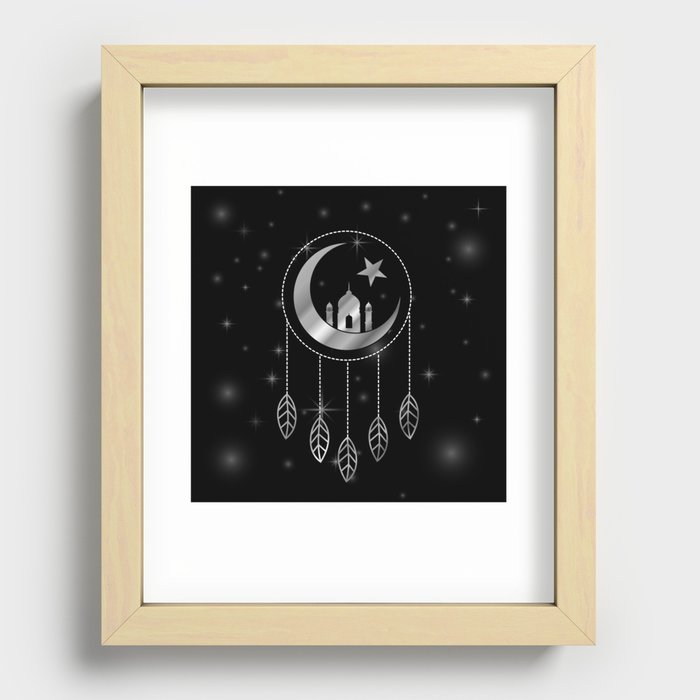 Islamic dream catcher with feathers silver moon and stars	 Recessed Framed Print