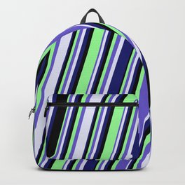 [ Thumbnail: Slate Blue, Lavender, Midnight Blue, Black & Green Colored Lines/Stripes Pattern Backpack ]