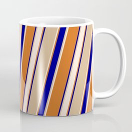 [ Thumbnail: Tan, Beige, Chocolate & Dark Blue Colored Lines Pattern Coffee Mug ]