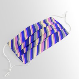 [ Thumbnail: Light Slate Gray, Beige, Orchid, Blue & Dark Blue Colored Striped Pattern Face Mask ]