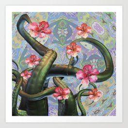 Hibiscus Floral Tentacle Bliss Print Art Print | Retro, Graphicdesign, Gift, Paisley, Weird, Wacky, Sacredgeometry, Vintage, Bohemian, Retrovintage 