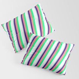 [ Thumbnail: Powder Blue, Indigo, Dark Salmon, Green, and White Colored Pattern of Stripes Pillow Sham ]