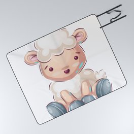Baby Lamb, Cute Cartoon Child Drawing, Calm Colorful Illustration Art Picnic Blanket