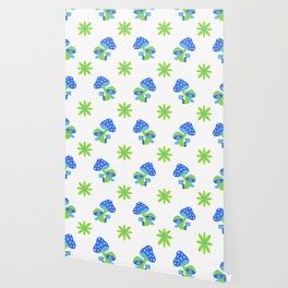 Groovy Blue Mushrooms Pattern Wallpaper