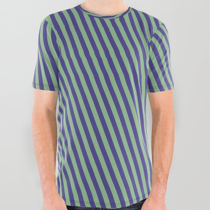Dark Sea Green and Dark Slate Blue Colored Stripes Pattern All Over Graphic Tee