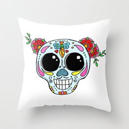 Sugar skull with flowers and bee Throw Pillow