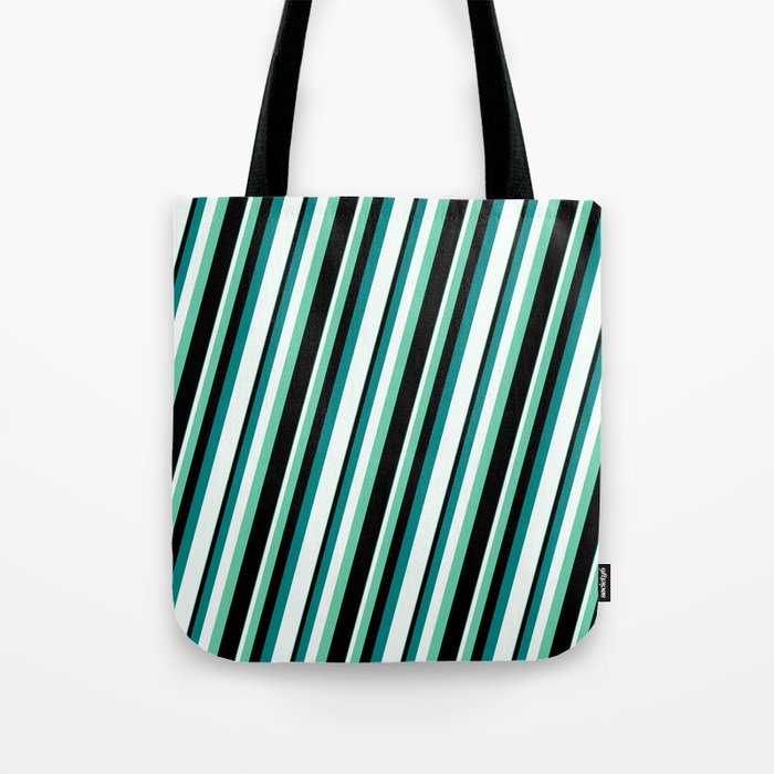 Aquamarine, Black, Teal, and Mint Cream Colored Lined Pattern Tote Bag
