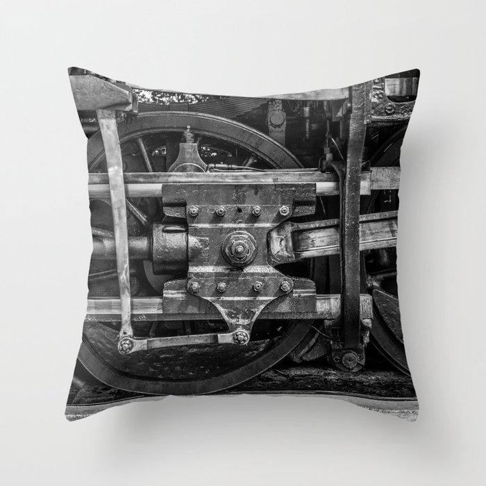 Driven Vintage Steam Locomotive Crosshead Detail Drive Wheel Black and White Throw Pillow