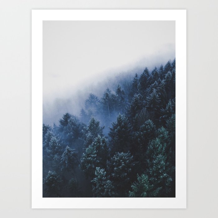Foggy Blue Purple Mountain Hill Pine Trees Landscape Nature Photography Minimalist Modern Art Art Print By Enshape