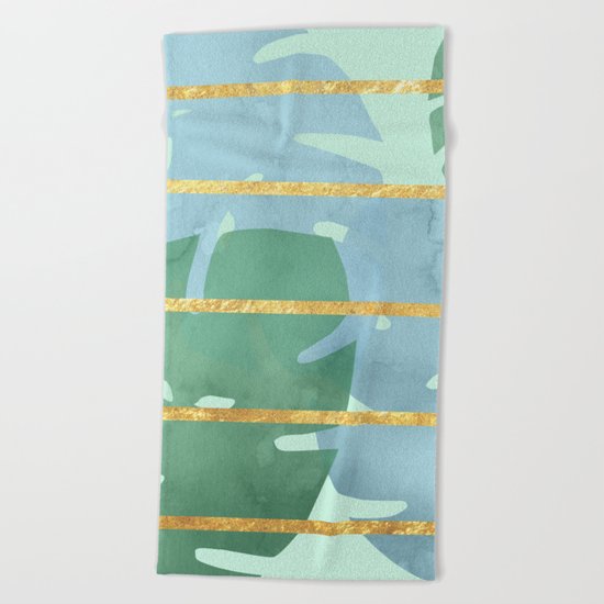 Leaves Pattern Golden Stripes Beach Towel