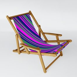 [ Thumbnail: Sea Green, Fuchsia, and Blue Colored Lined/Striped Pattern Sling Chair ]