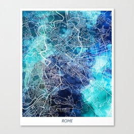 Rome Italy Map Navy Blue Turquoise Watercolor Canvas Print