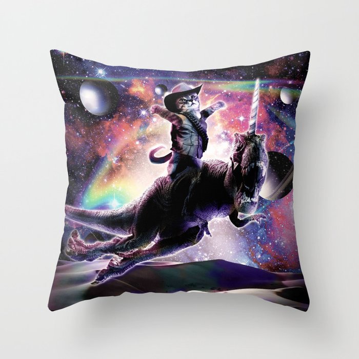 Galaxy Cat On Dinosaur Unicorn In Space Throw Pillow