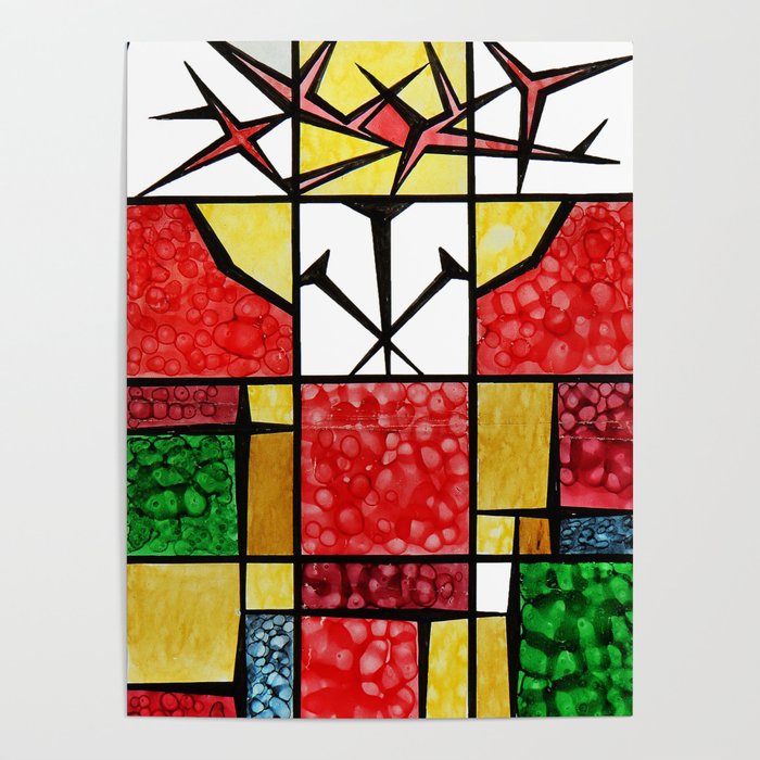 Abstract, square, qubism, red, Crucifixion, crown of thorns, Jesus, Christ Poster
