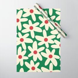 Daisy Time Floral Pattern in Christmas Holiday Red, Green, and Cream Wrapping Paper