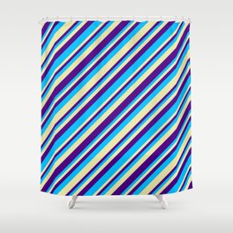 [ Thumbnail: Pale Goldenrod, Indigo & Deep Sky Blue Colored Stripes/Lines Pattern Shower Curtain ]