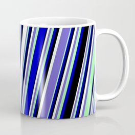 [ Thumbnail: Mint Cream, Slate Blue, Green, Blue, and Black Colored Pattern of Stripes Coffee Mug ]