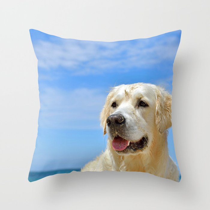 Dog On Beach Golden Retriever Close  Throw Pillow