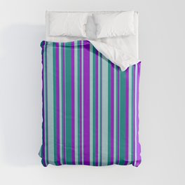 [ Thumbnail: Dark Violet, Dark Cyan, and Powder Blue Colored Lines/Stripes Pattern Duvet Cover ]