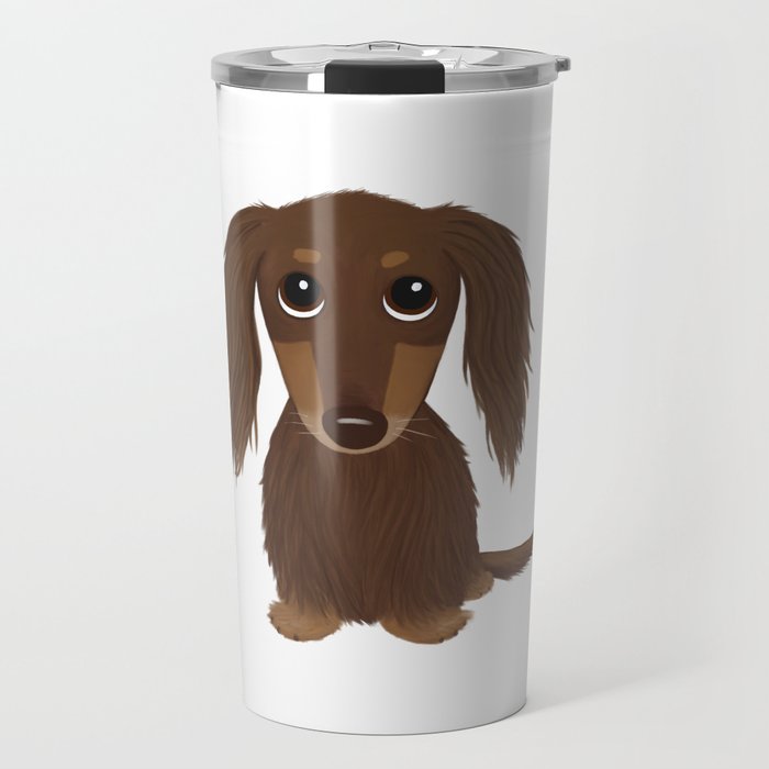 Cute Dog - Longhaired Chocolate Dachshund Cartoon Wiener Dog Travel Mug