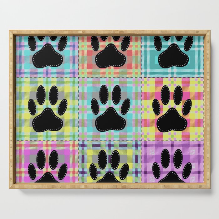 Colorful Quilt Dog Paw Print Drawing Serving Tray