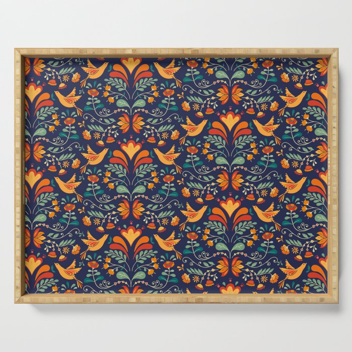 Flowers and birds - Folk Art - blue and orange Serving Tray