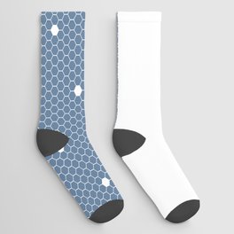 White Polka Dots Lace Horizontal Split on Slate Blue Socks