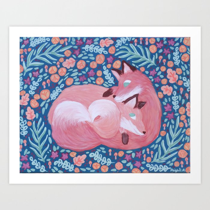 floral foxes acrylic painting Art Print