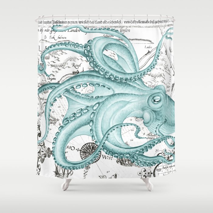 Teal Green Octopus Kraken Nautical Marine Aquatic Vintage Map Sea Shower Curtain