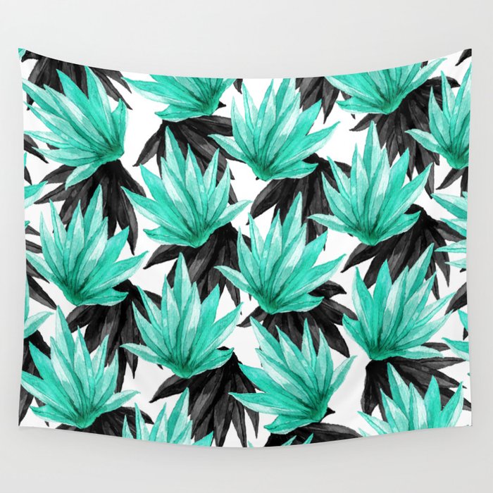 Modern Black and Teal Watercolor Tropical Leaves Wall Tapestry
