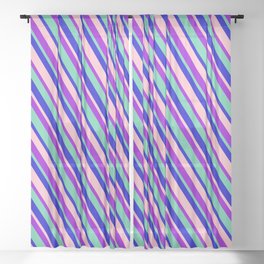 [ Thumbnail: Dark Violet, Aquamarine, Blue & Pink Colored Lines Pattern Sheer Curtain ]