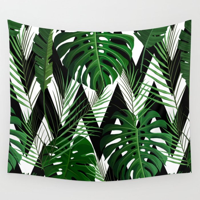 Geometrical green black white tropical monster leaves Wall