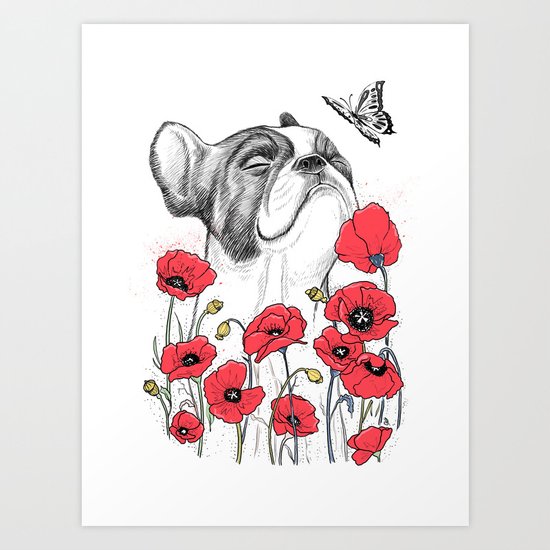 Pug in flowers Art Print
