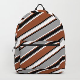 [ Thumbnail: Dark Gray, White, Sienna & Black Colored Pattern of Stripes Backpack ]