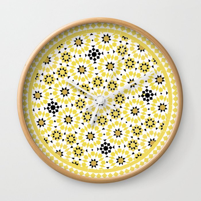 Moroccan Modern Geometric Boho Mosaic Tile Zellij Yellow and White Wall Clock