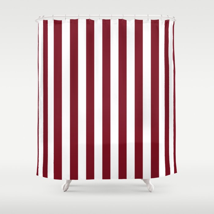 Deep Dark Red Pear And White Beach Hut Stripe Shower Curtain By