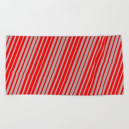[ Thumbnail: Dark Grey & Red Colored Lines/Stripes Pattern Beach Towel ]