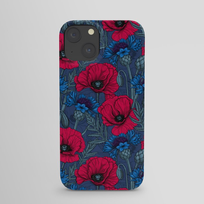 Red poppies and blue cornflowers on blue iPhone Case