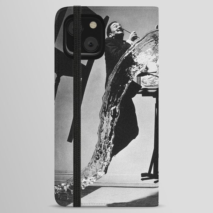 Dalí Atomicus, Salvador Dali painting with flying cats and water spurts surrealism / surrealist black and white photograph / photography by Philippe Halsman iPhone Wallet Case