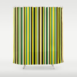 [ Thumbnail: Sea Green, Beige, Black & Yellow Colored Pattern of Stripes Shower Curtain ]