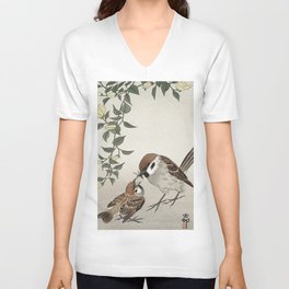 Ohara Koson, Sparrow Feeding Chick - Vintage Japanese Woodblock Print V Neck T Shirt