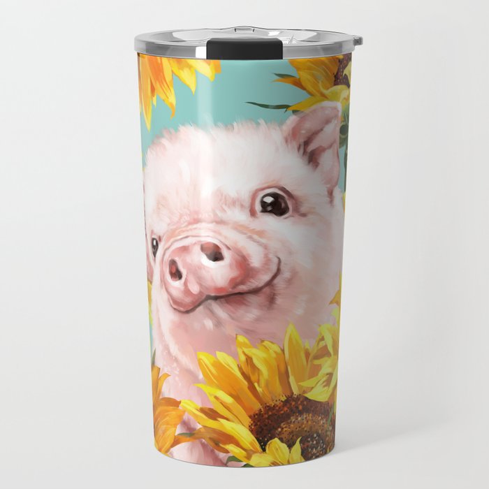 Baby Pig with Sunflowers in Blue Travel Mug