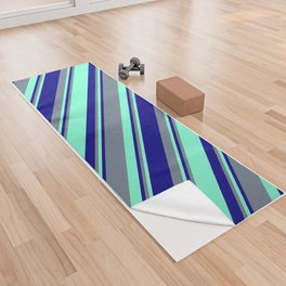 [ Thumbnail: Aquamarine, Slate Gray, and Blue Colored Pattern of Stripes Yoga Towel ]