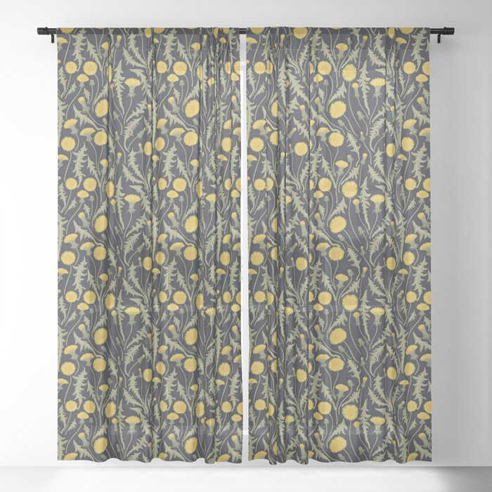 Dandelions, green, yellow and black Sheer Curtain