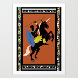 African Warrior on Black Unicorn Art Print