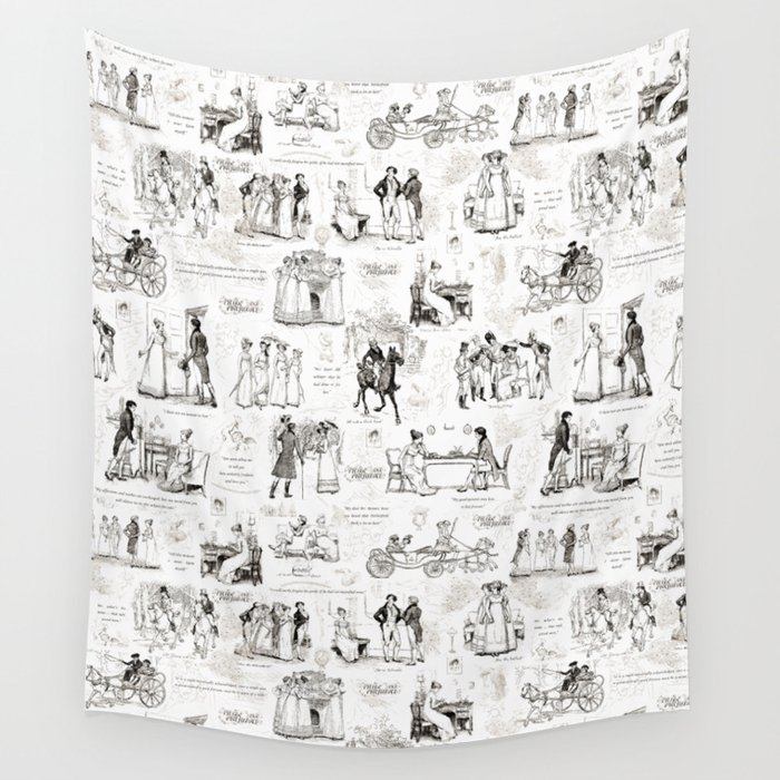 Pride and Prejudice Black White Toile with Quotes Wall Tapestry