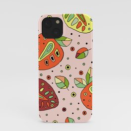 Seamless hand drawn childish pattern with fruits. Cute childlike strawberries with leaves iPhone Case
