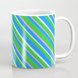 [ Thumbnail: Lime Green, Plum, Blue & Light Cyan Colored Pattern of Stripes Coffee Mug ]
